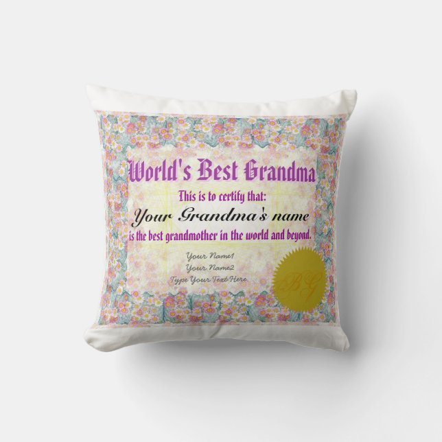 World's Best Grandma Award Certificate Pillow (Front)