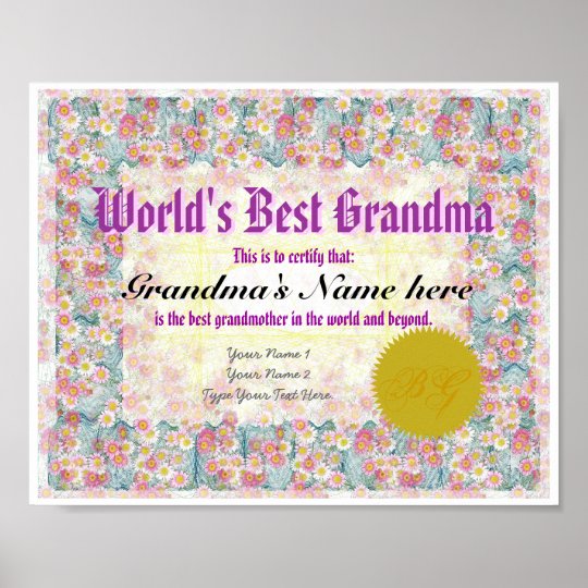 World S Best Grandma Award Certificate Print