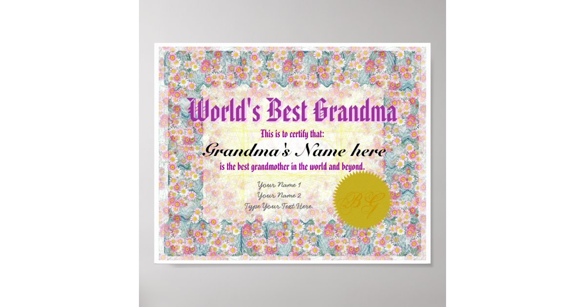 World's Best Grandma Award Certificate Print Zazzle