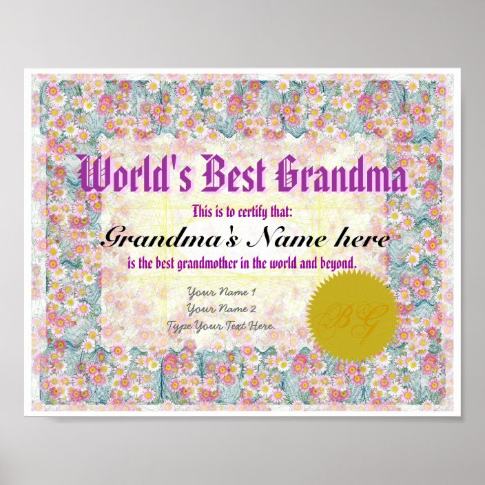 Worlds Best Grandma Award Certificate Print Zazzle Ca