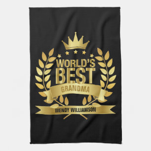 World's Best Grandma Grandmother Gold Black Kitchen Towel