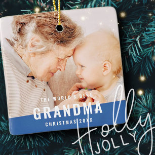 World's Best Grandma Modern Chic Photo Holiday Ceramic Ornament