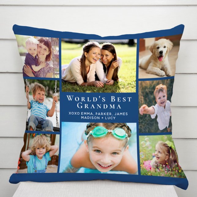 World's Best Grandma Photo Collage Blue Throw Pillow (Creator Uploaded)