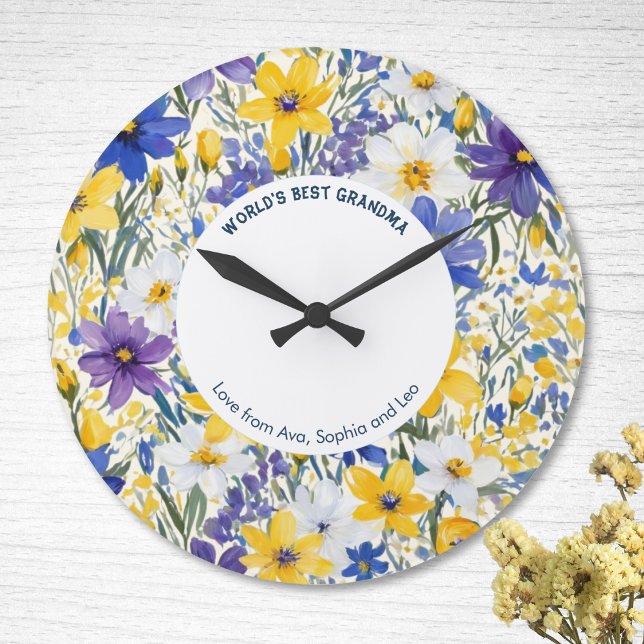 World's Best Grandma Pretty Floral Personalized Large Clock (A customisable wall clock with 'World's Best Grandma' caption and pretty Spring floral design)