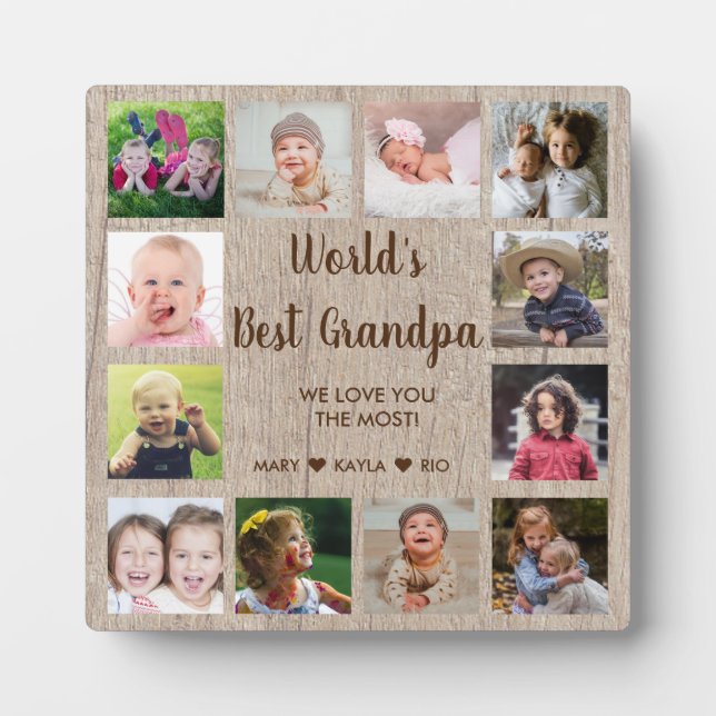 World's Best Grandpa 12 Photo Collage Rustic Wood  Plaque (Front)
