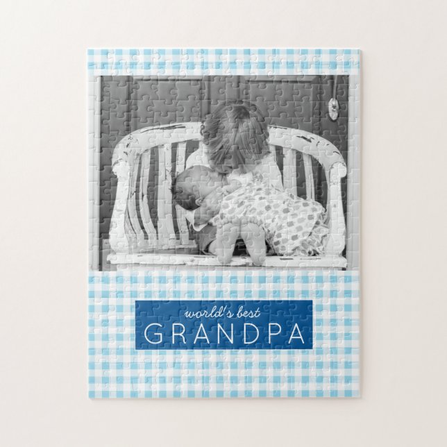 World's Best Grandpa Blue Plaid Personalized Photo Jigsaw Puzzle (Vertical)