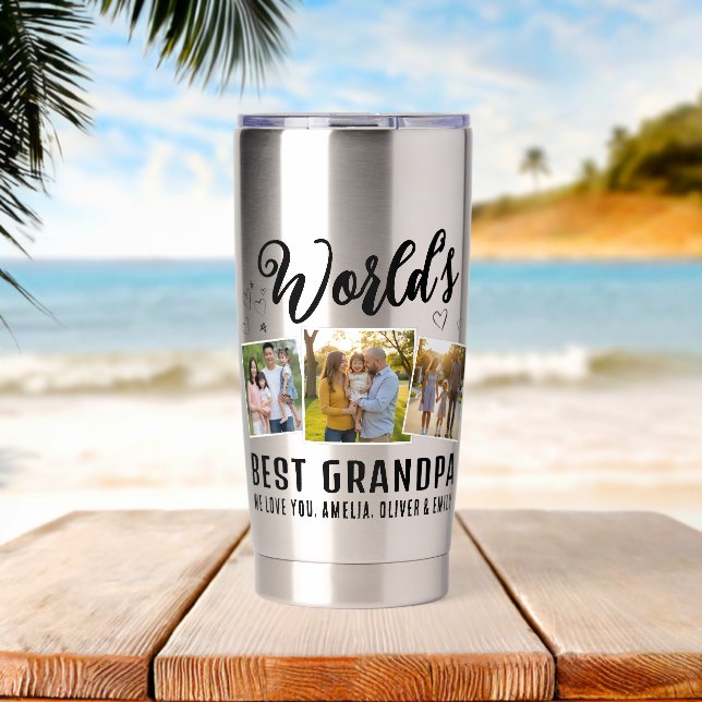 World's Best Grandpa Custom 3 Photo Collage Insulated Tumbler (Beach (Rotated))