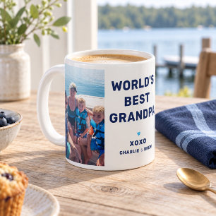 World's Best Grandpa Modern Navy Blue Two Photo Coffee Mug