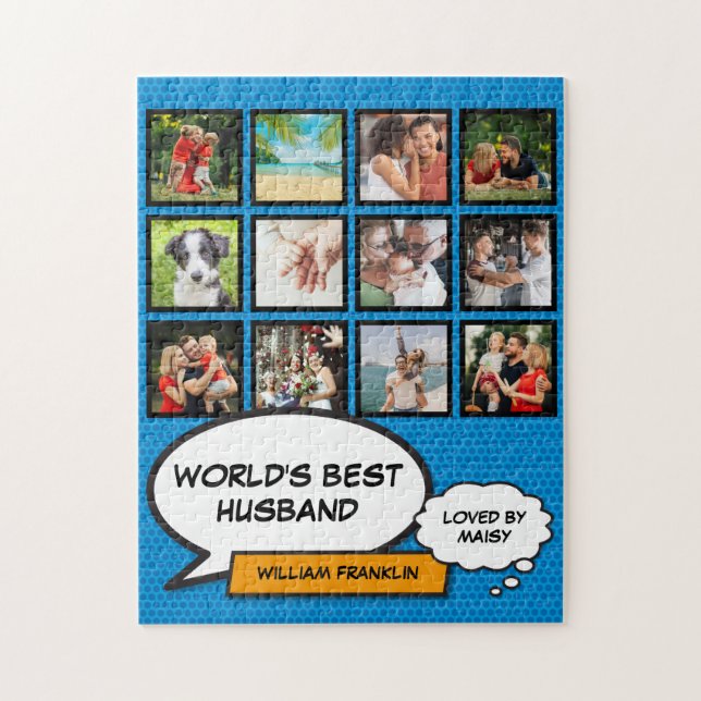 World's Best Husband 12 Photo Blue Fun Comic Jigsaw Puzzle (Vertical)