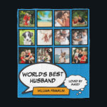 World's Best Husband Fun Cool Comic Photo Collage Fleece Blanket<br><div class="desc">He's a superhero so shout out loud what your husband means to you. Personalize with his 12 favourite photos, name and your names to create a unique gift for weddings, anniversaries, birthdays, Christmas or any day you want to show how much he means to you. A perfect way to show...</div>