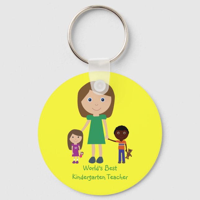 World's Best Kindergarten Teacher Cute Cartoon Keychain (Front)