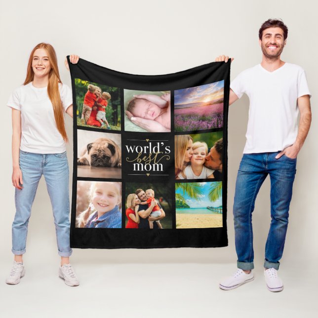 Worlds Best Mom 8 Photo Collage Black And Gold Fleece Blanket (In Situ)