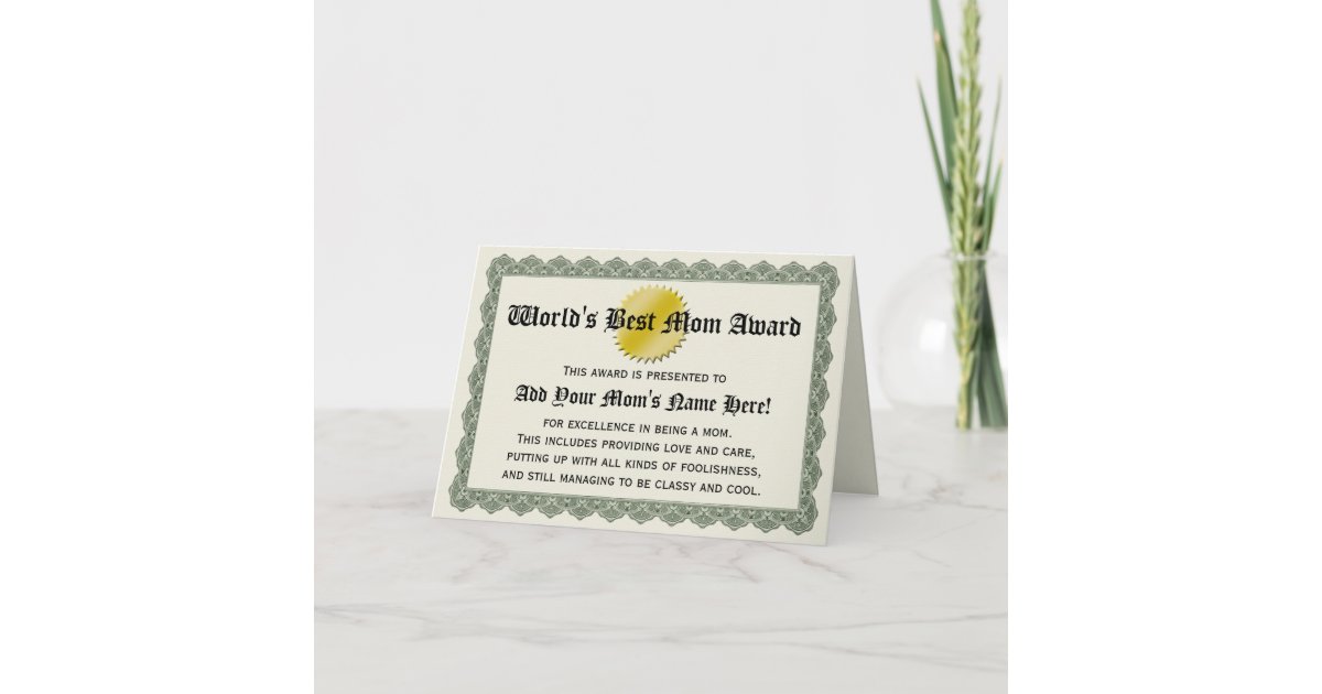 World S Best Mom Award Certificate Card