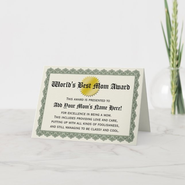 World's Best Mom Award Certificate Card (Front)