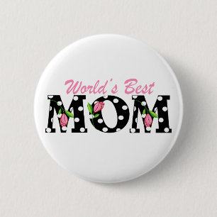 World's Best Mom Black with Pink Tulips 2 Inch Round Button