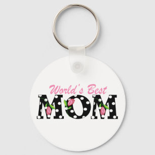 World's Best Mom Black with Pink Tulips Keychain