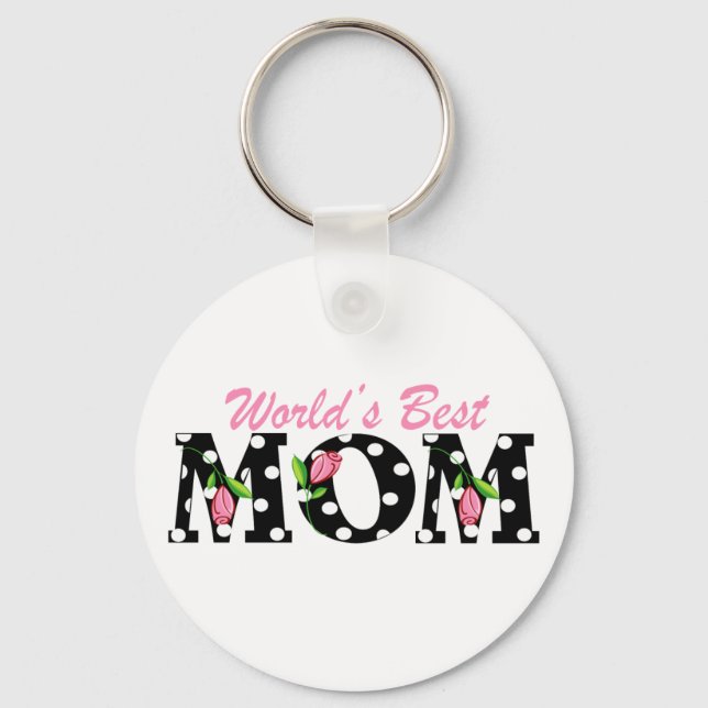 World's Best Mom Black with Pink Tulips Keychain (Front)