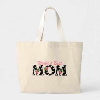 World's Best Mom Black with Pink Tulips Large Tote Bag