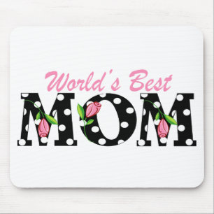 World's Best Mom Black with Pink Tulips Mouse Pad
