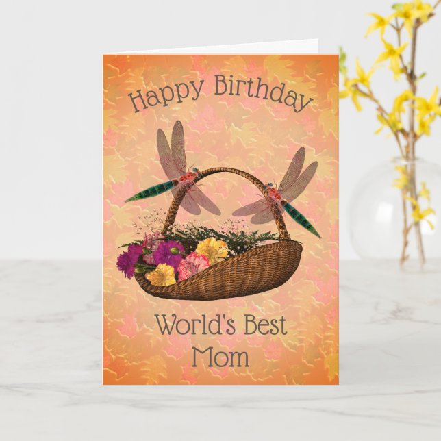 World's Best Mom Dragonflies Flowers Birthday Card (Yellow Flower)