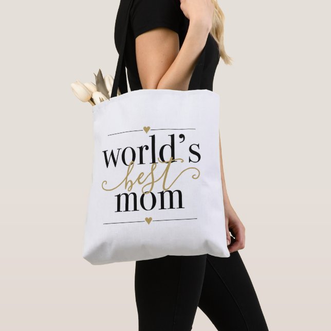 Worlds Best Mom Elegant Black and Gold Script Tote Bag (Close Up)