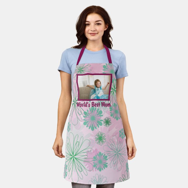 World's Best Mom Floral Photo Adult Apron (Worn)