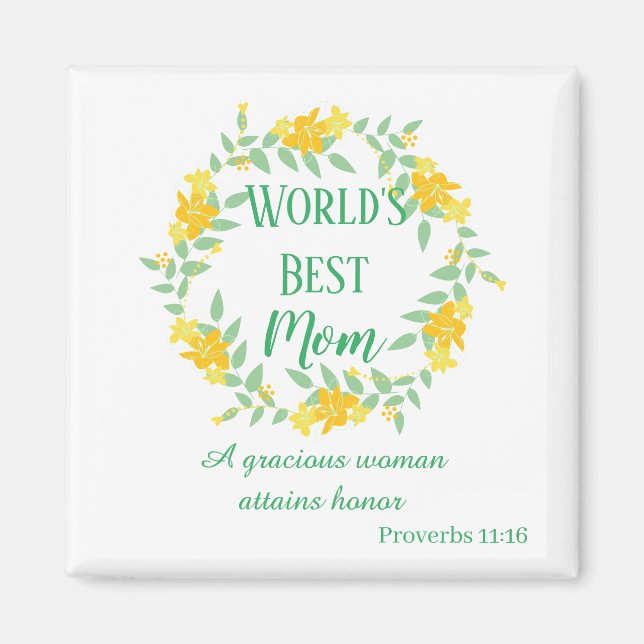 World's Best Mom Floral Yellow and Green Wreath Magnet (Front)