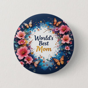 World's Best MOM Flowers Butterfly 2 Inch Round Button