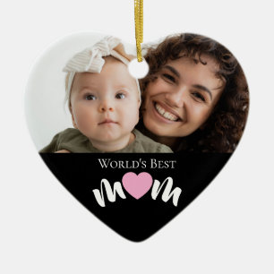 World's Best Mom Heart Photo Script Custom Ceramic Ornament