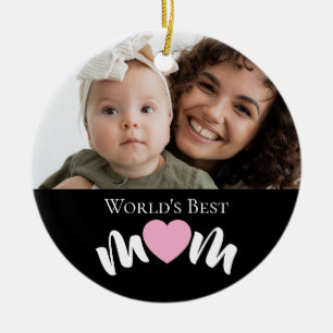 World's Best Mom Heart Photo Script Custom Ceramic Ornament