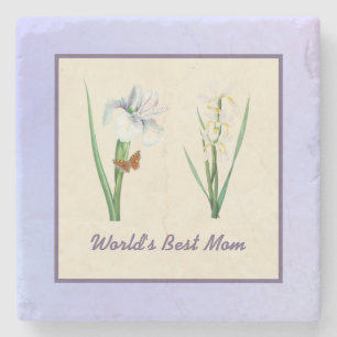World's Best Mom Irises and Butterfly on Purple Stone Coaster