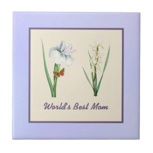 World's Best Mom Irises and Butterfly on Purple Tile
