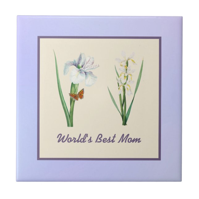 World's Best Mom Irises and Butterfly on Purple Tile (Front)