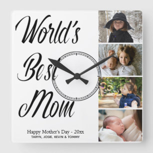 World's Best Mom Mother's Day Photo Collage Square Wall Clock