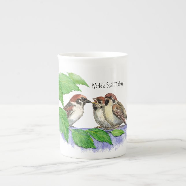 World's Best Mom, Mother's Day Sparrow Family Bone China Mug (Front)