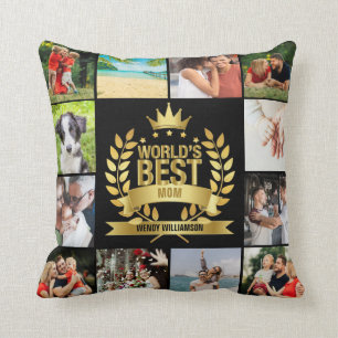 World's Best Mom Mum Mother Photo Collage Black Throw Pillow