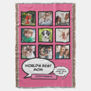 Worlds Best Mom Photo Collage Modern Fun Pink Throw Blanket