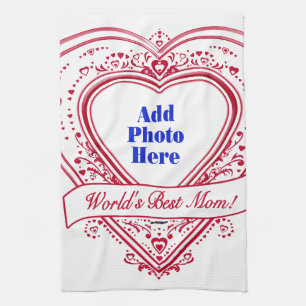 World's Best Mom! Photo Red Hearts Kitchen Towel