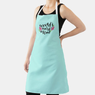 World's Best Mom, Pink Flowers, Light Teal Apron