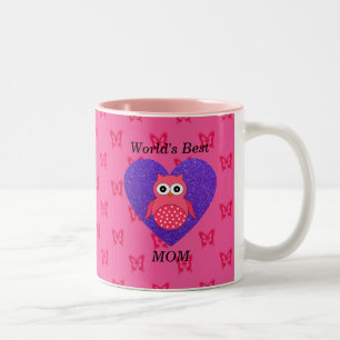 Worlds best mom pink owl Two-Tone coffee mug
