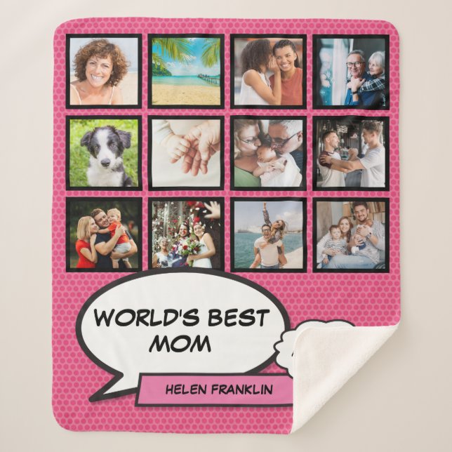 World's Best Mom Pink Photo Collage Sherpa Blanket (Front)
