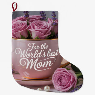 World's Best Mom: Pink Teacup Filled with Roses Large Christmas Stocking