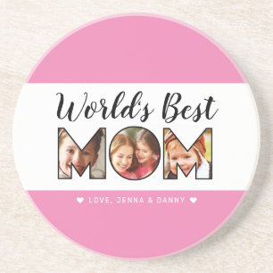 World's Best Mom Quote 3 Photo Collage Pink Coaster