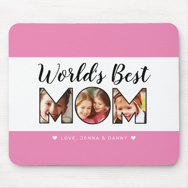 World's Best Mom Quote 3 Photo Collage Pink Mouse Pad (Front)