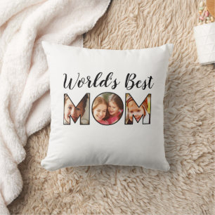 World's Best  Mom Quote 3 Photo Collage Throw Pillow