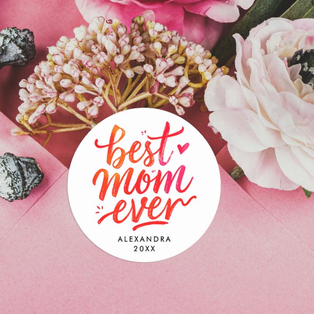 World's Best Mom Red And White Calligraphy Script Classic Round Sticker (Creator Uploaded)