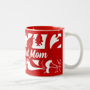 World's Best Mom Red and White Damask Two-Tone Coffee Mug