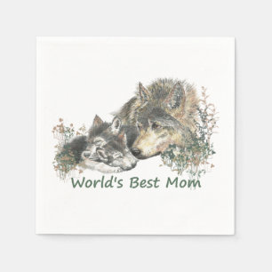World's Best Mom Watercolor Wolf & Cub Nature Art Napkin