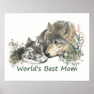 World's Best Mom Watercolor Wolf & Pups Poster