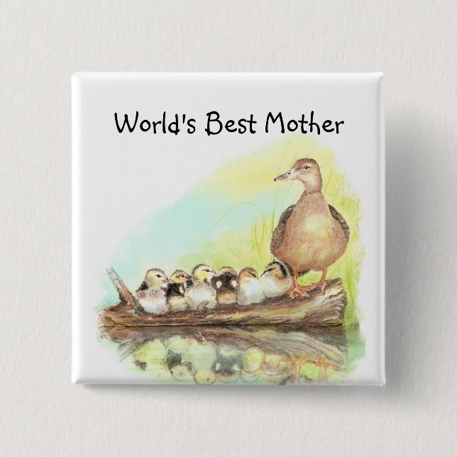 World's Best Mom with Duck and Ducklings 2 Inch Square Button (Front)